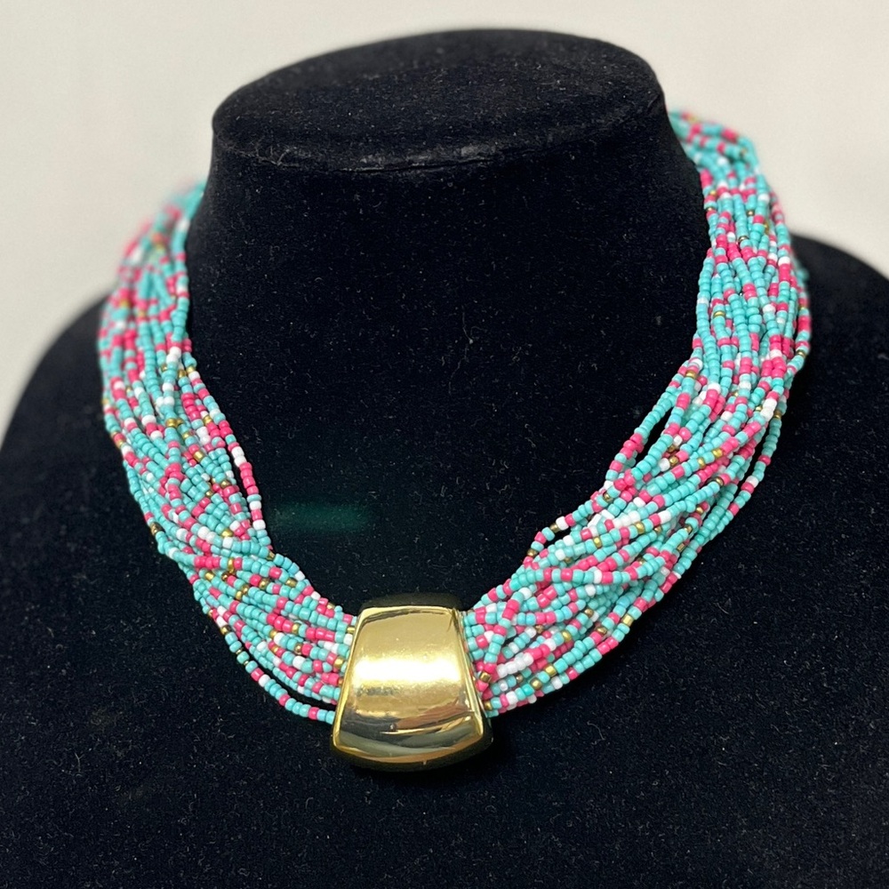 28 strand pink blue seed bead necklace. Gold focal slide. NIP. 18-20” length